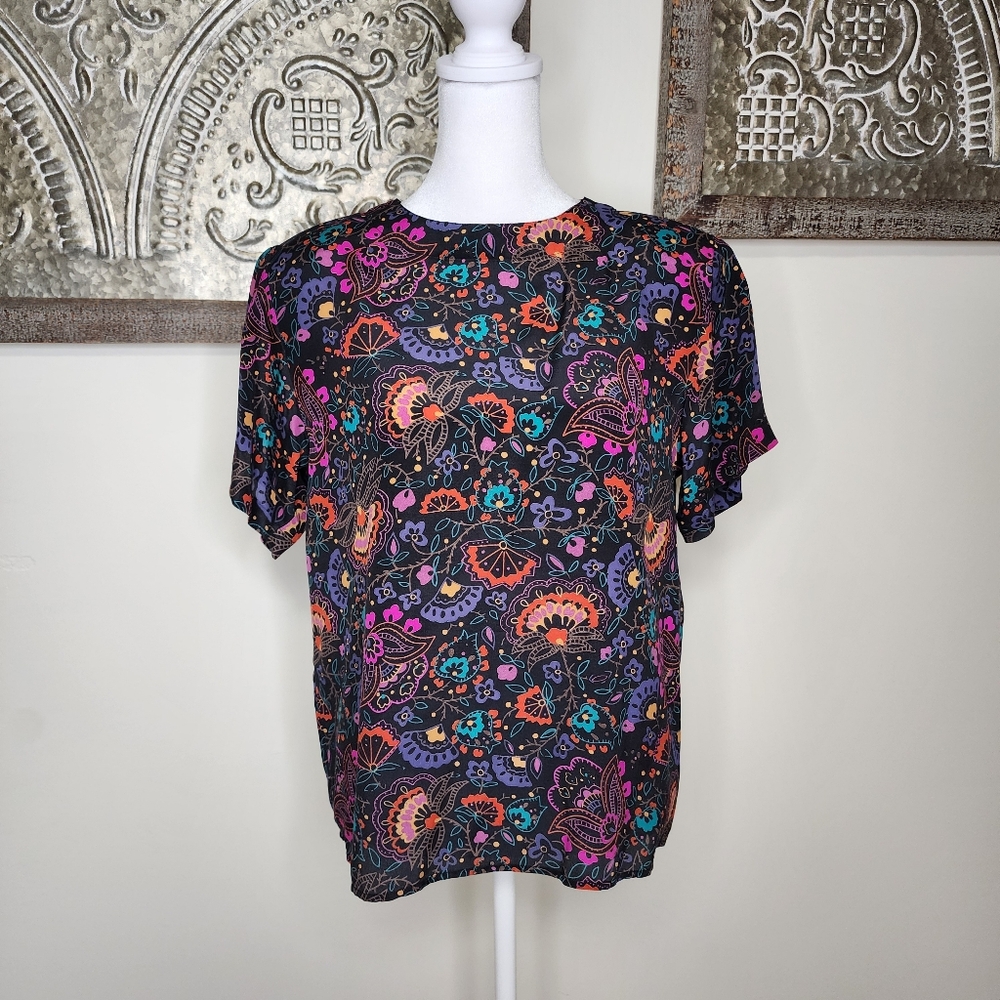 Vintage Anna & Frank 100% Silk Paisley Floral Women's Boxy Top Small Artsy